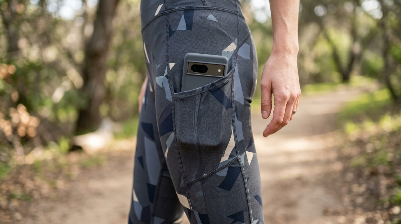 Close-up of a smartphone tucked into the side pocket of a patterned activewear legging being worn outdoors