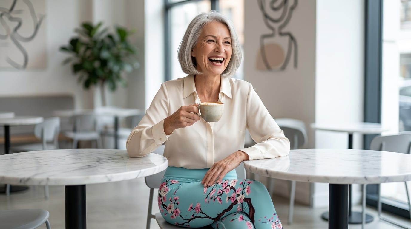 Woman in her 60s with a silver bob laughing at a sunlit cafe table, wearing cherry blossom print FIERCEPULSE leggings with a cream silk blouse - the new rules of leggings for women over 50