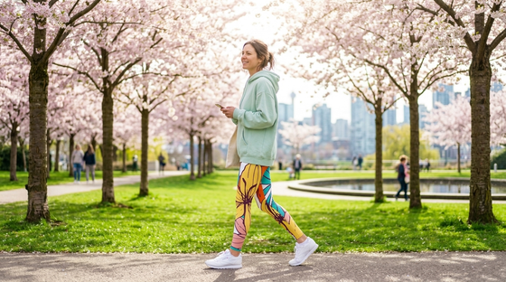 Spring athleisure leggings outfit with cherry blossoms - FIERCEPULSE spring trends