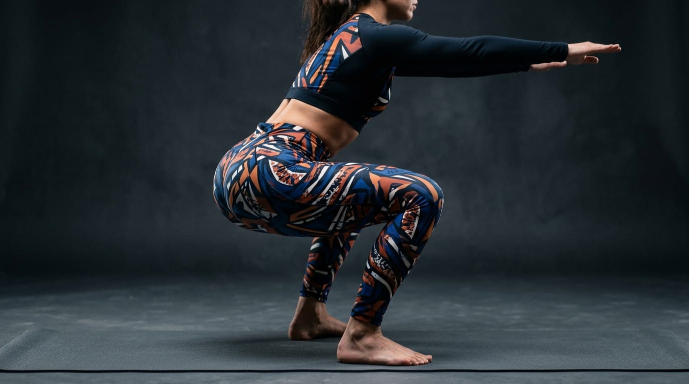 Athletic woman in deep squat position wearing bold geometric-patterned leggings showing fabric opacity at full flexion