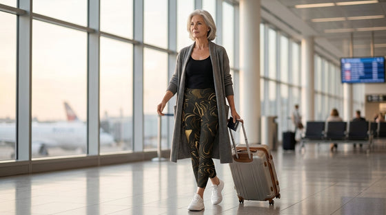 Woman in black-and-gold print FIERCEPULSE leggings with a carry-on suitcase in a bright airport terminal