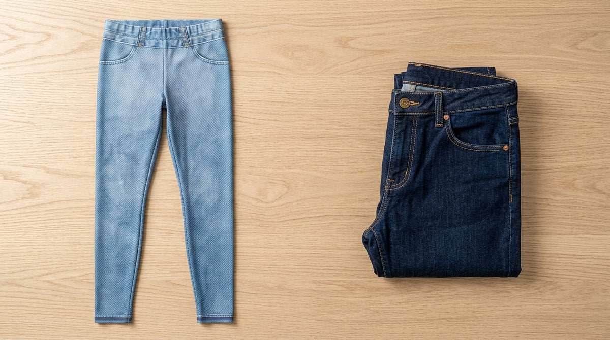 Overhead flat lay of FIERCEPULSE Denim Jeans Print Leggings beside a folded pair of real indigo skinny jeans on a wooden table