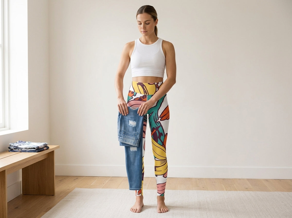 Woman in high-rise floral FIERCEPULSE yoga leggings holding a folded pair of low-rise denim-print leggings, comparing where each waistband sits