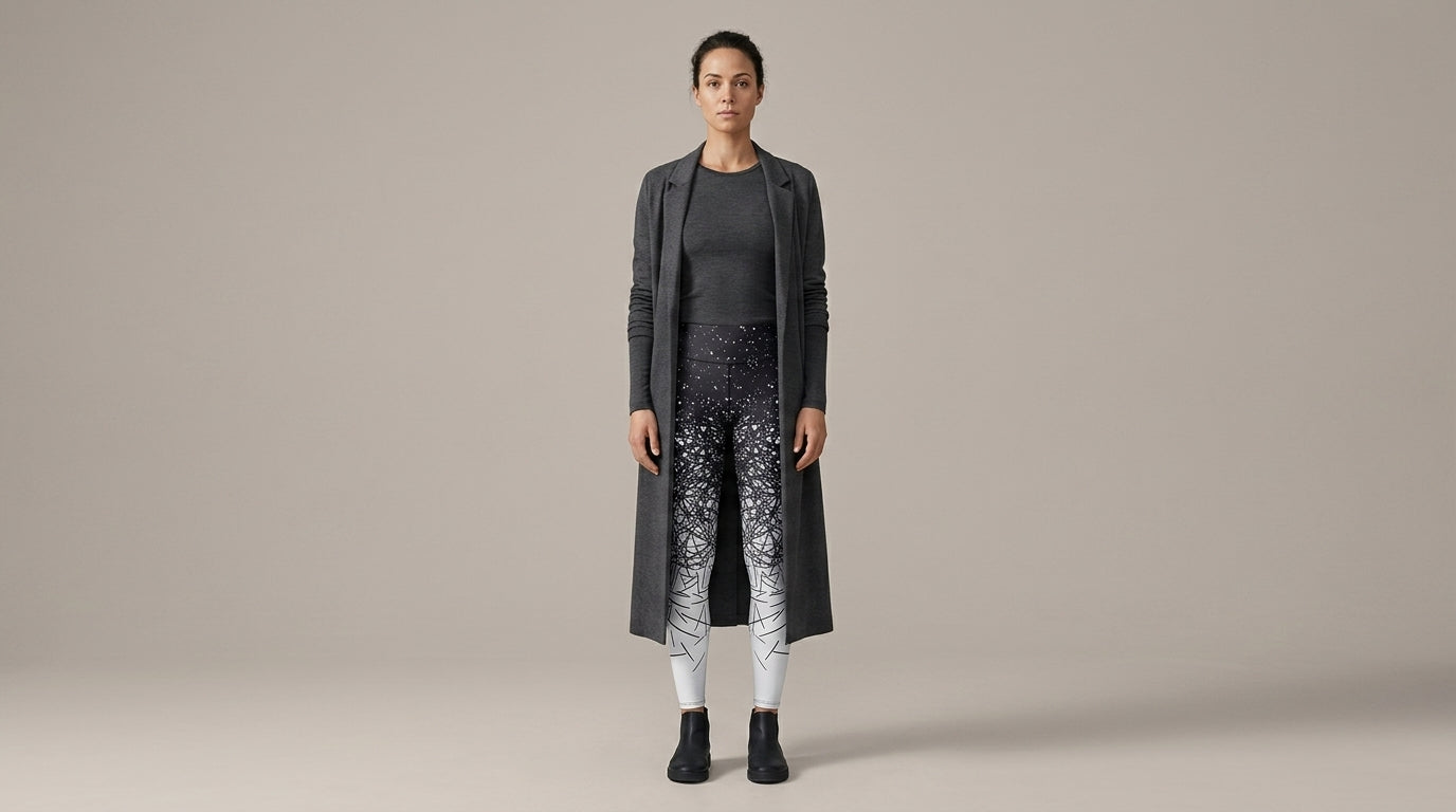 Woman standing full length in a charcoal monochrome column outfit with black-to-white ombre FIERCEPULSE leggings and a long open duster coat