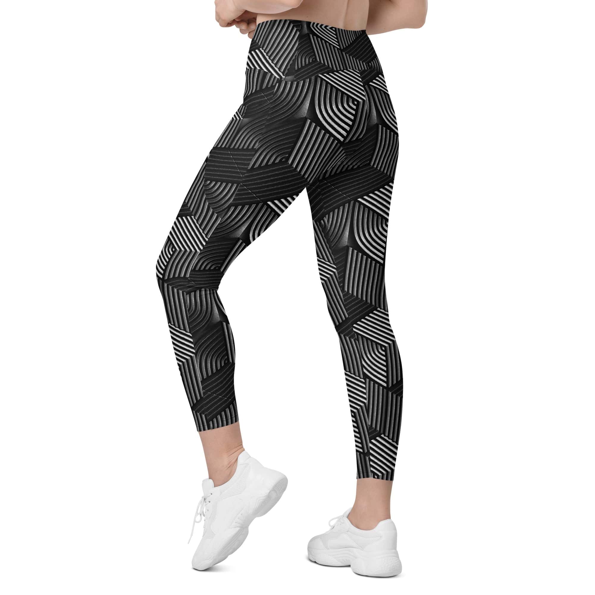 3D Geometric Pattern Crossover Leggings With Pockets