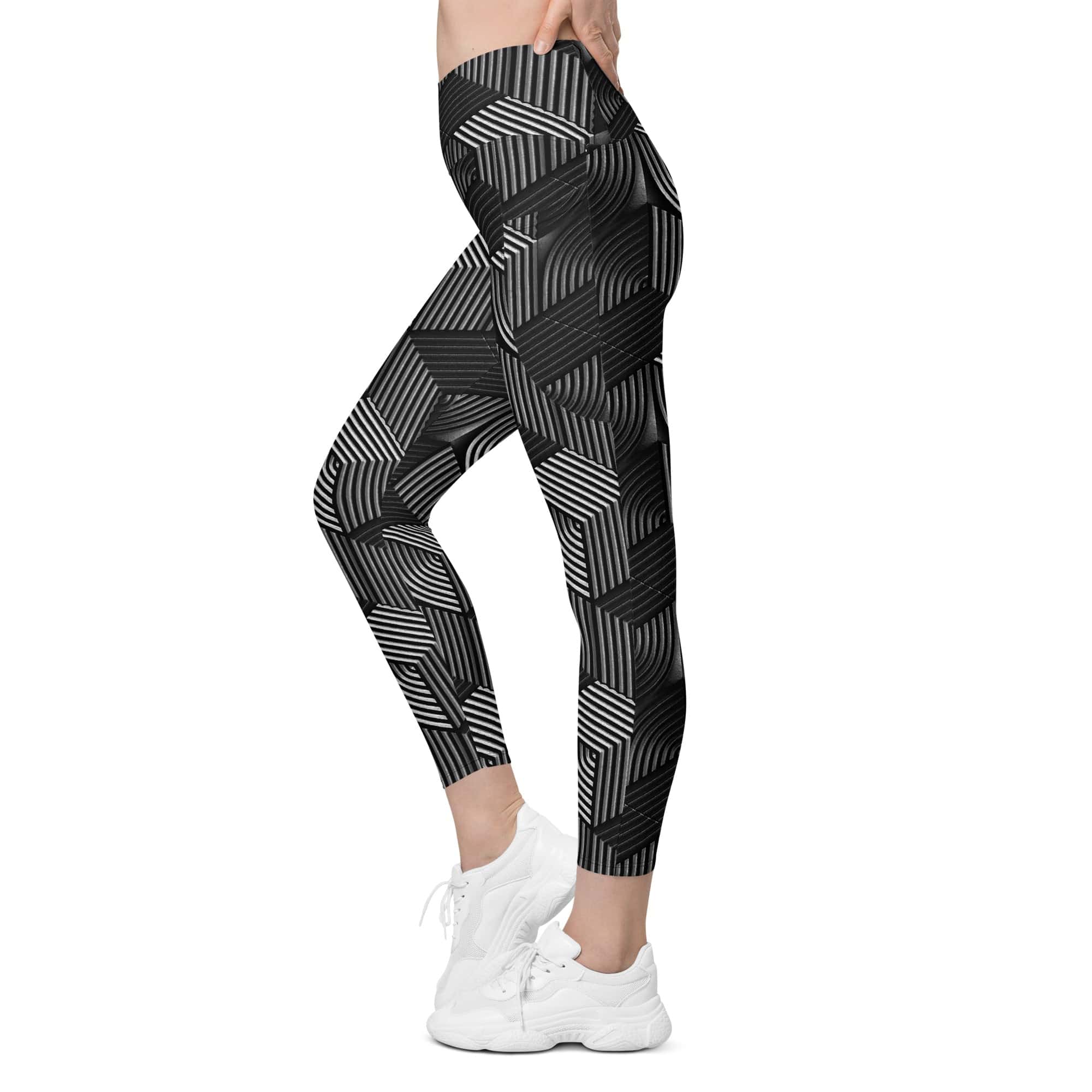 3D Geometric Pattern Crossover Leggings With Pockets