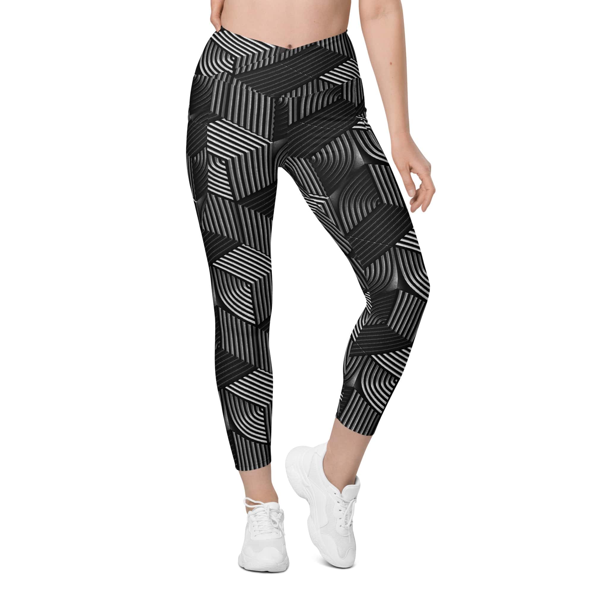 3D Geometric Pattern Crossover Leggings With Pockets