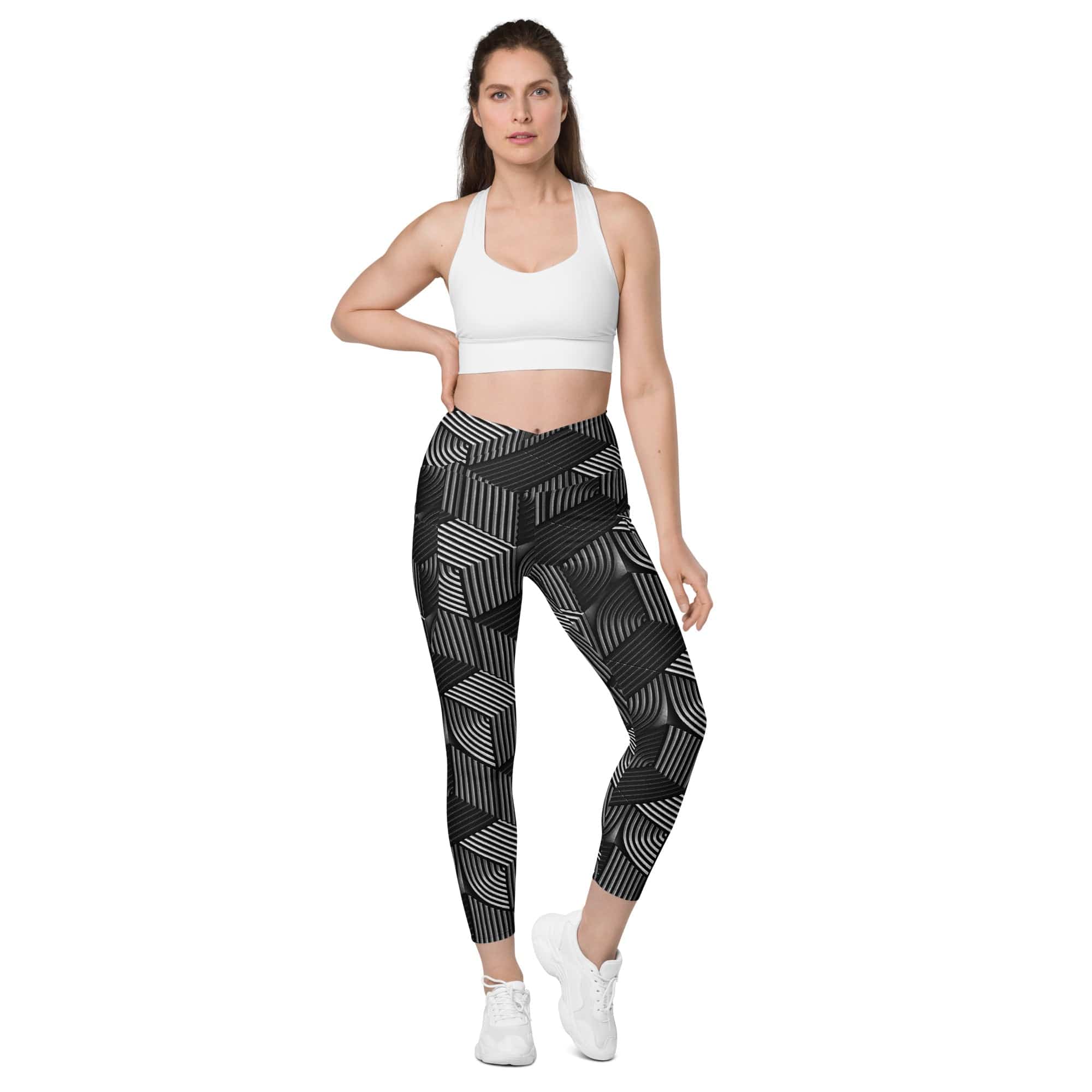 3D Geometric Pattern Crossover Leggings With Pockets