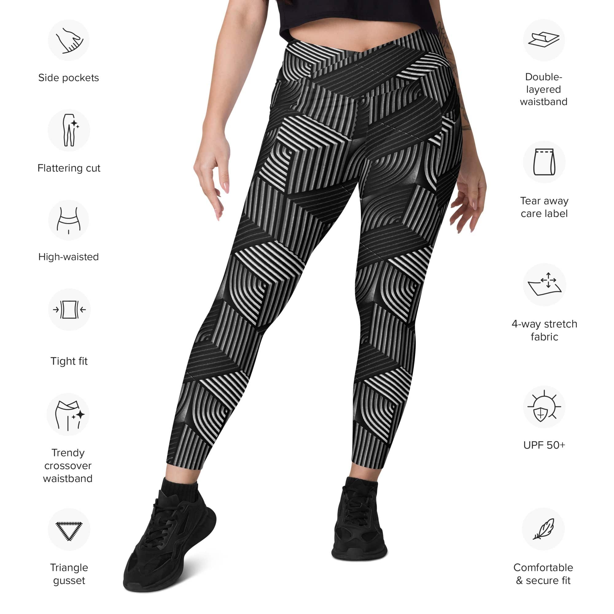 3D Geometric Pattern Crossover Leggings With Pockets