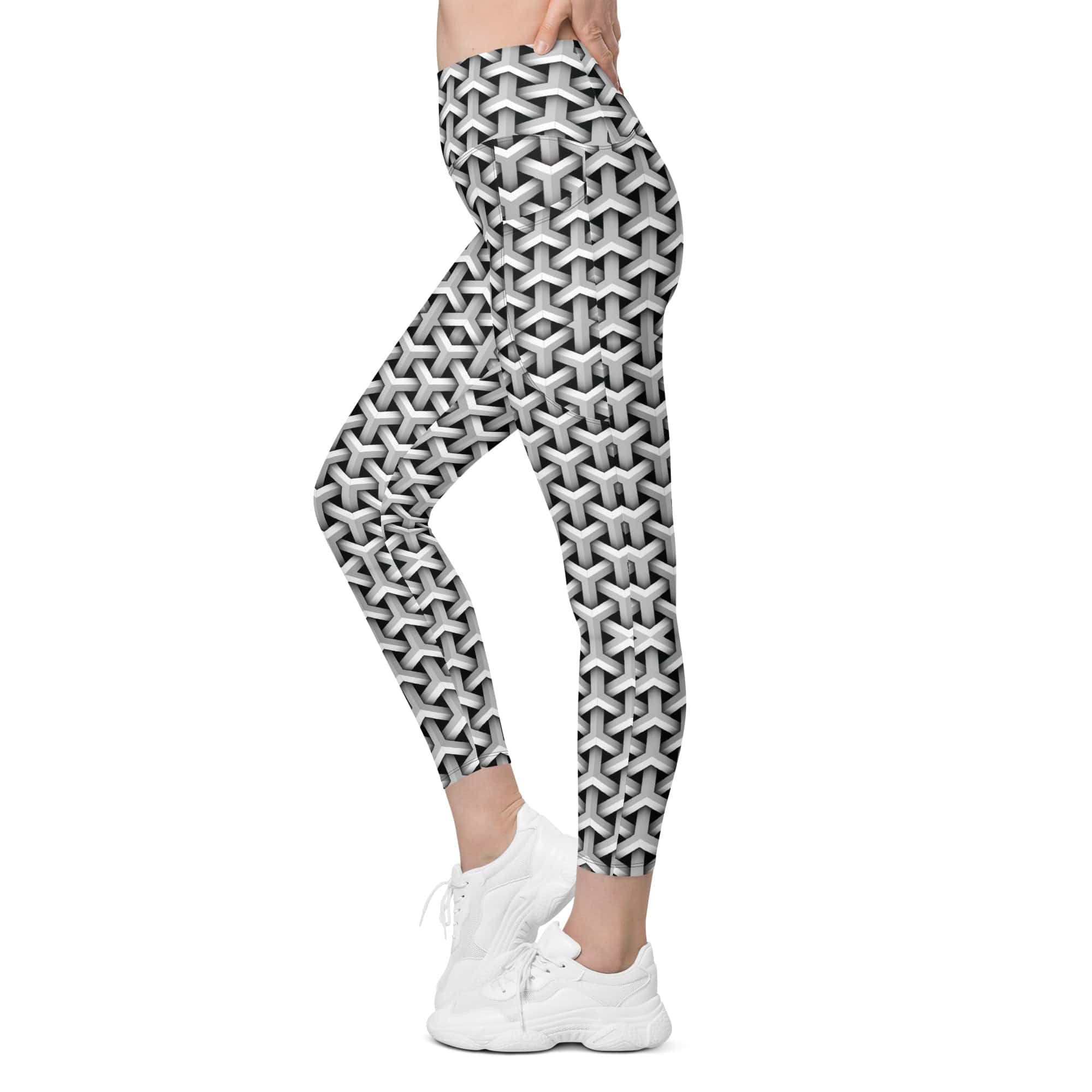 3D Woven Metallic Print Leggings With Pockets