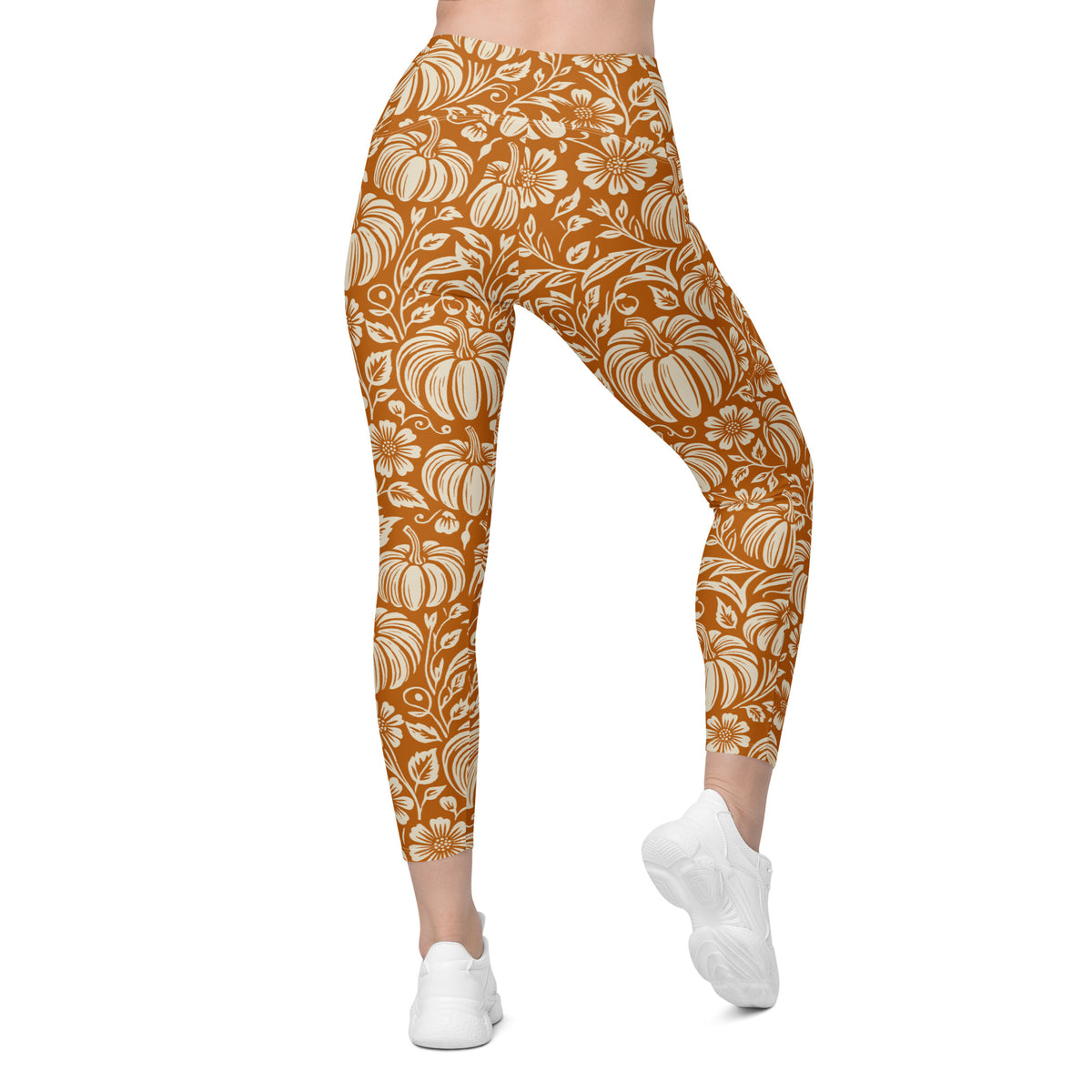 Thanksgiving Pumpkin Floral Crossover Leggings With Pockets