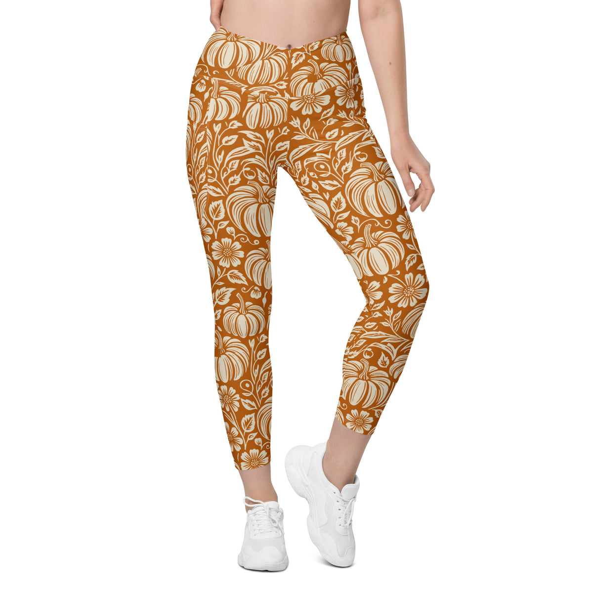 Thanksgiving Pumpkin Floral Crossover Leggings With Pockets