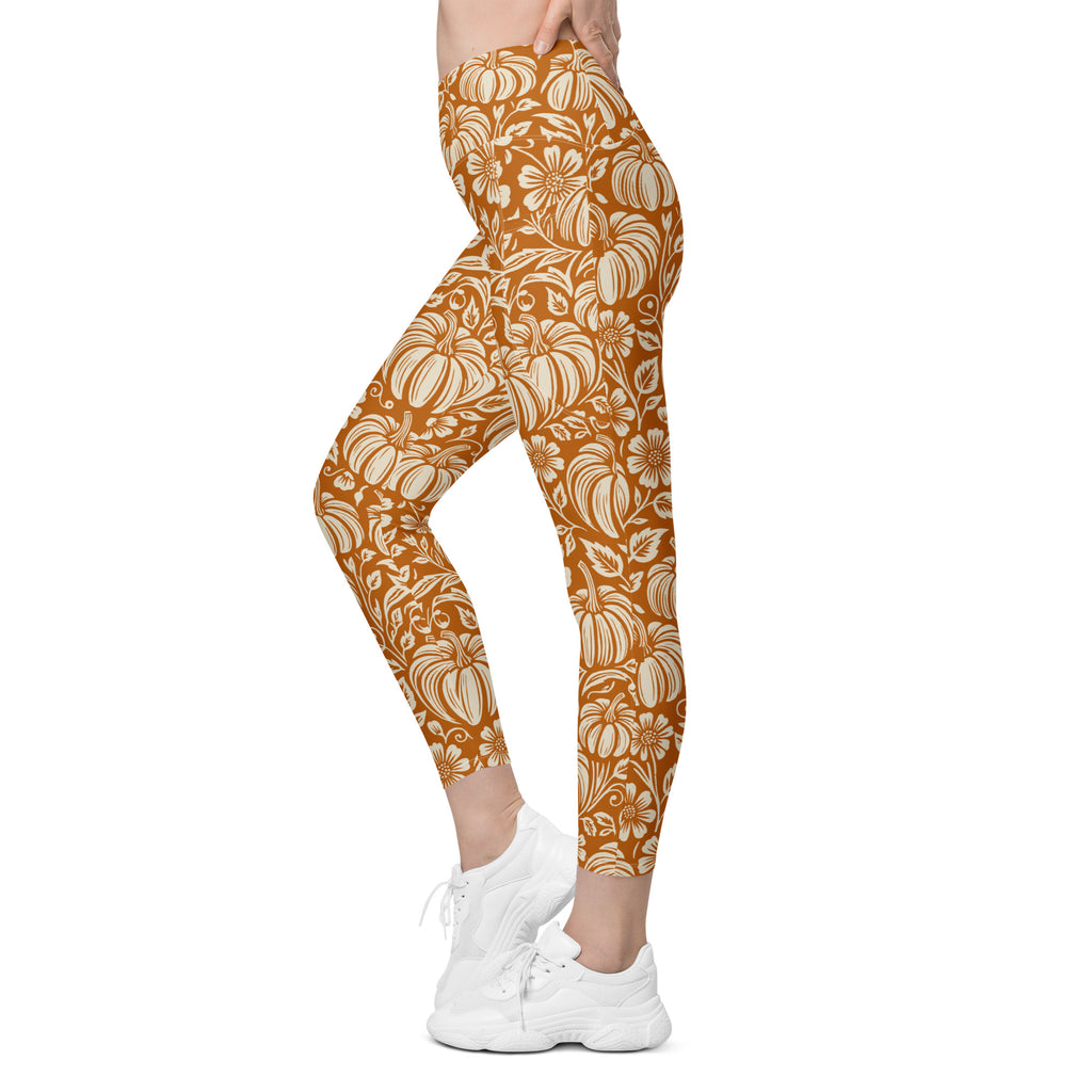 Thanksgiving Pumpkin Floral Crossover Leggings With Pockets