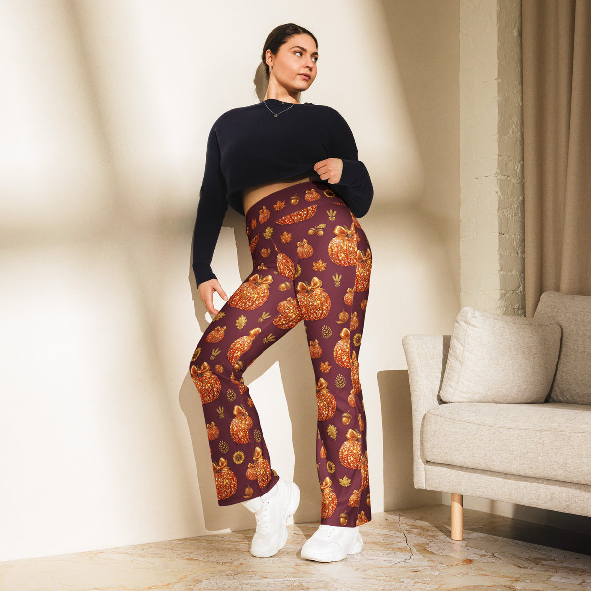Printed Glitter Pumpkin Effect Flare Leggings