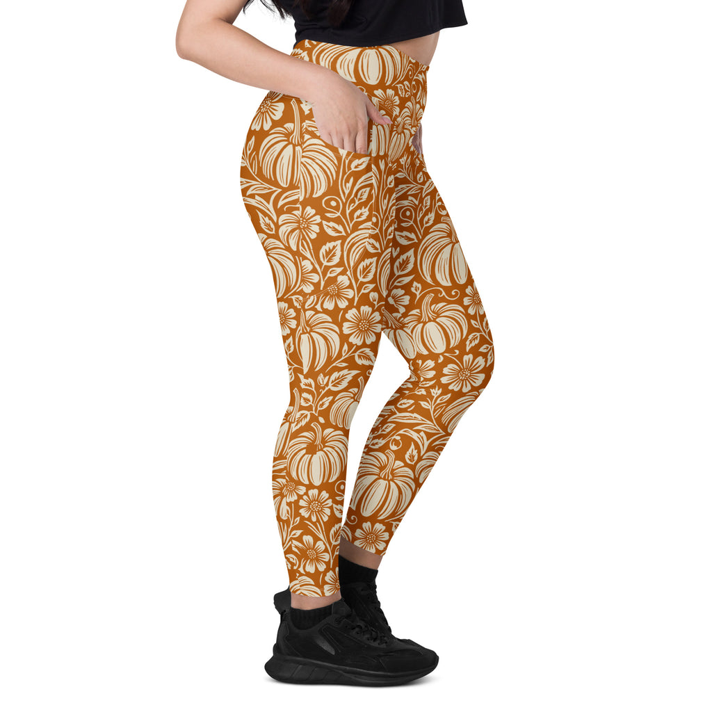 Thanksgiving Pumpkin Floral Leggings With Pockets