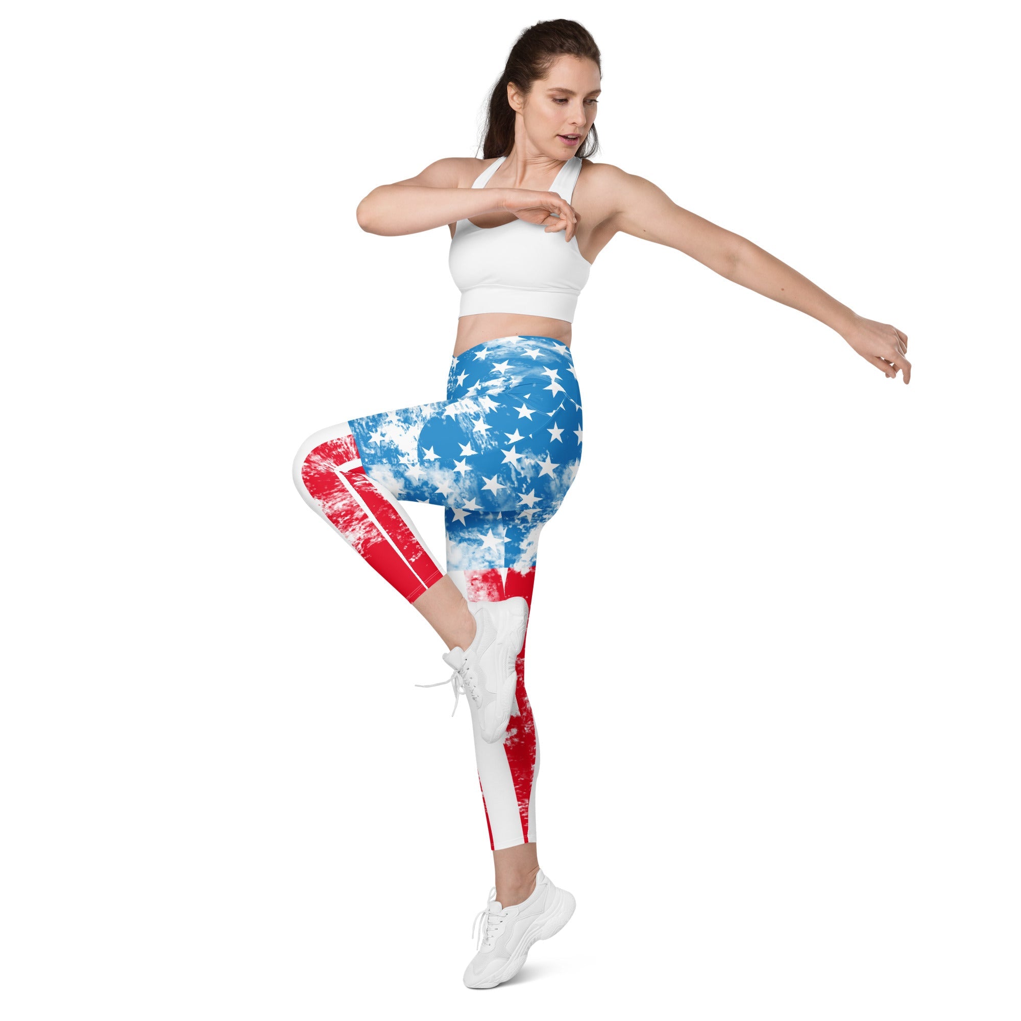 Artsy American Flag Crossover Leggings With Pockets