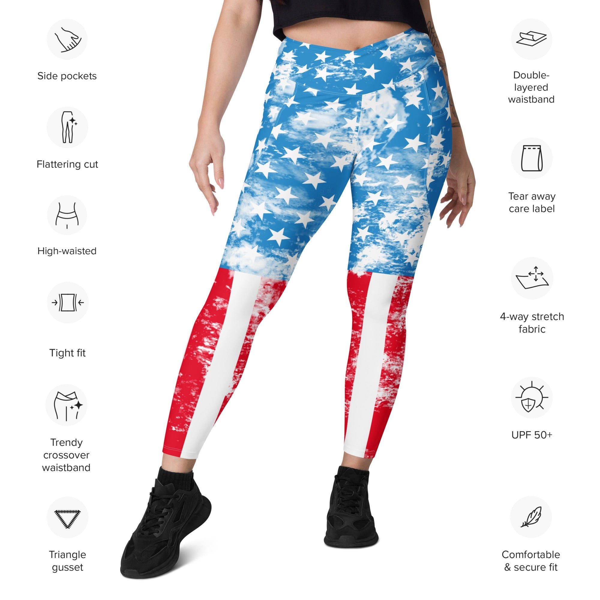 Artsy American Flag Crossover Leggings With Pockets