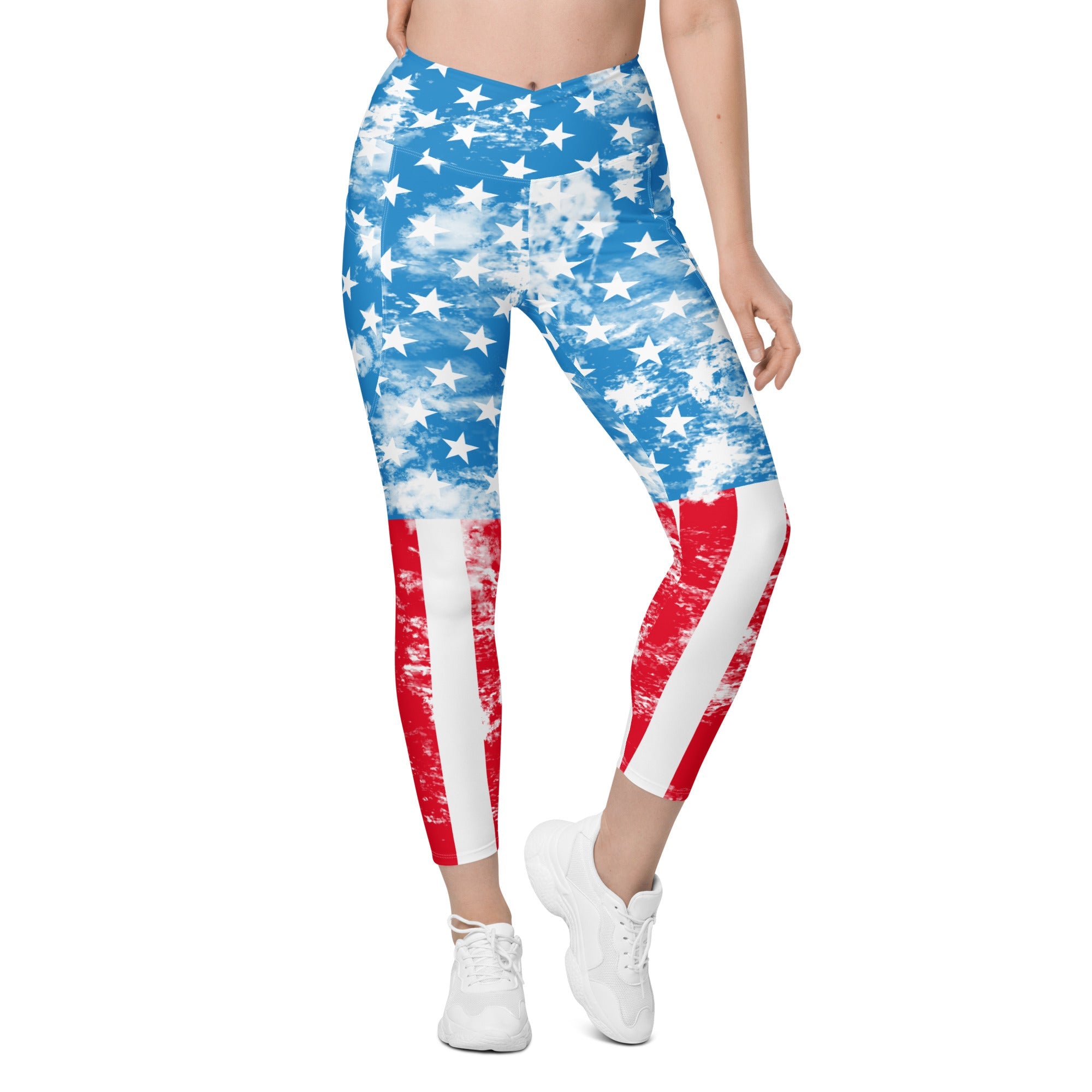 Artsy American Flag Crossover Leggings With Pockets