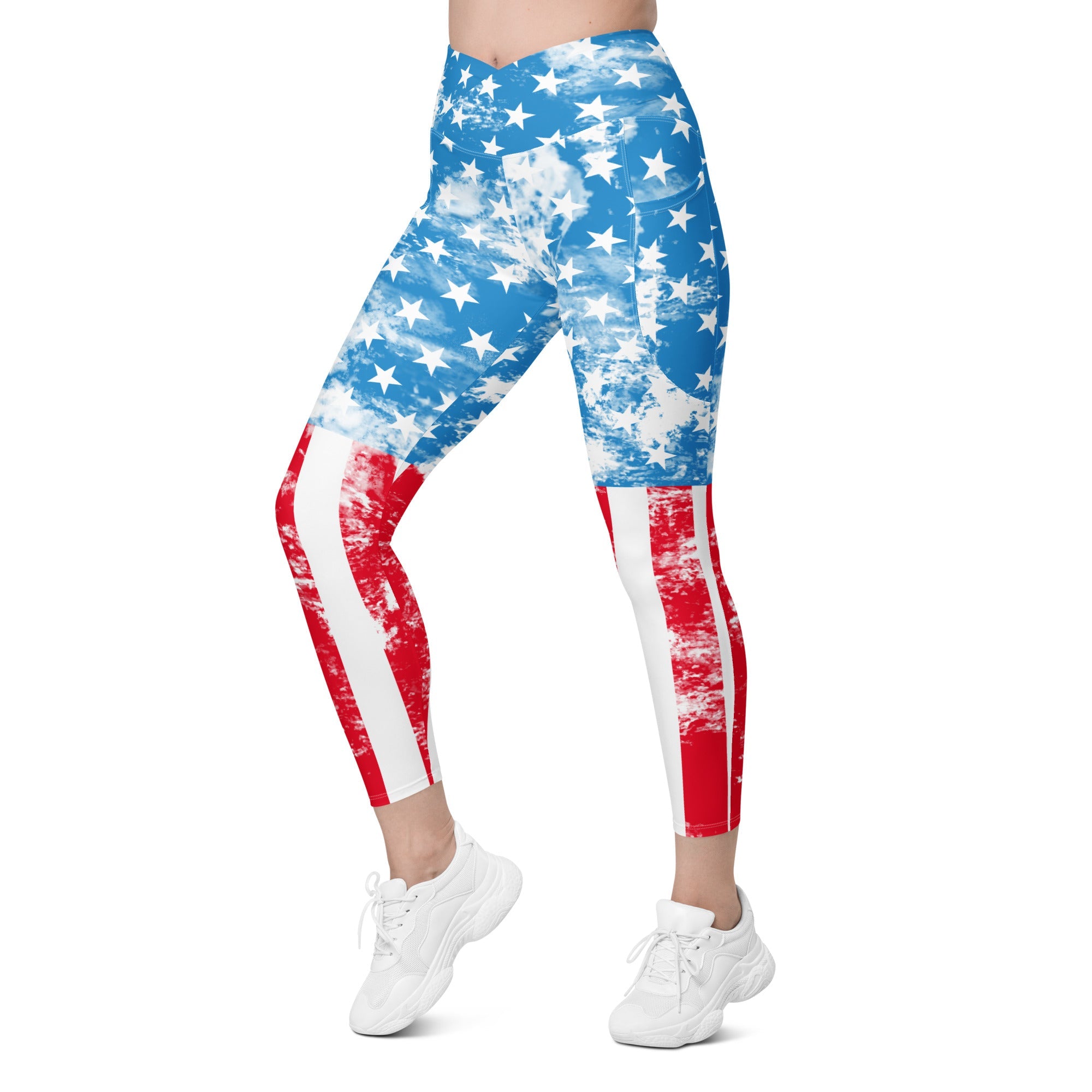 Artsy American Flag Crossover Leggings With Pockets