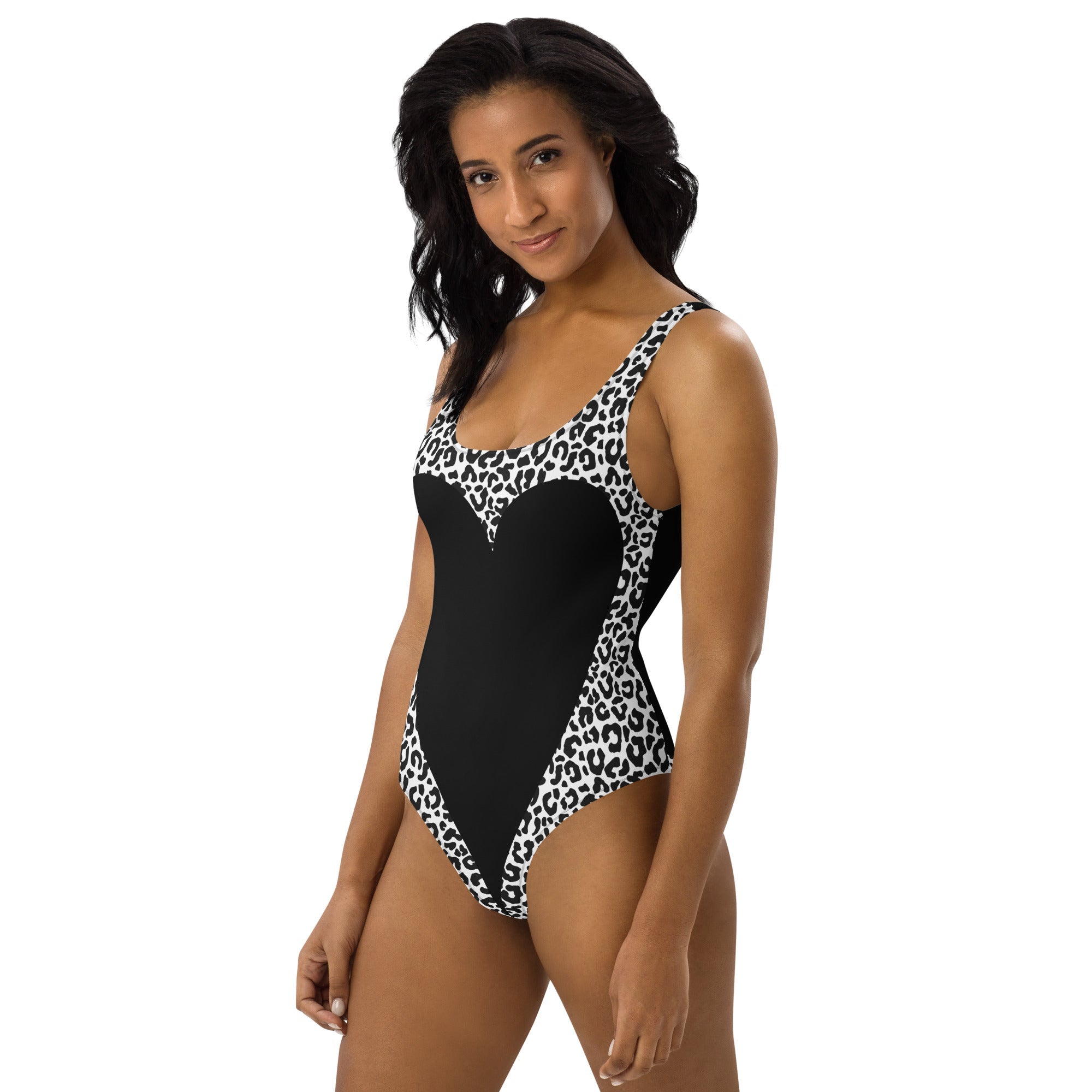 Black Leopard Heart Shaped One-Piece Swimsuit