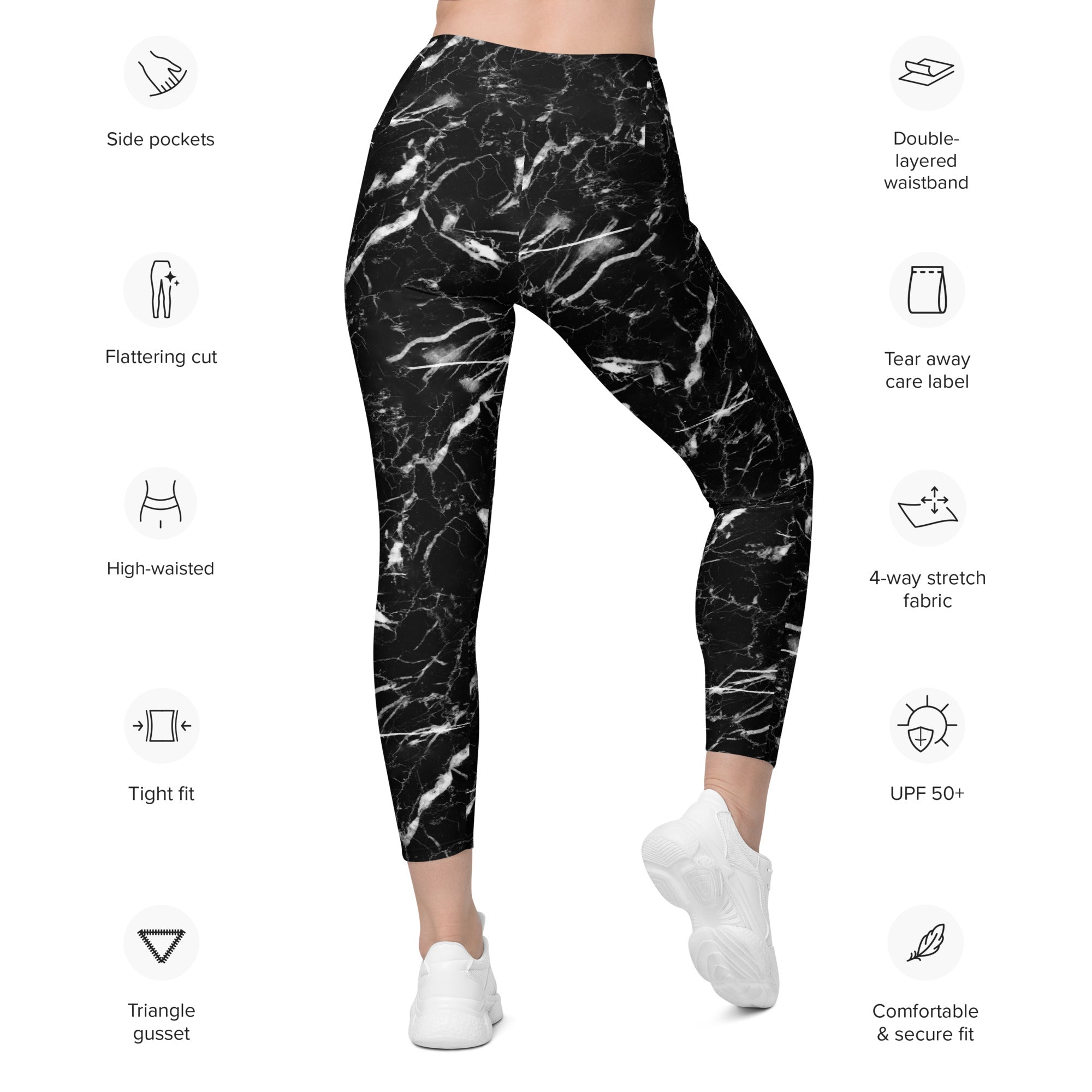 Black Marble Leggings with Pockets