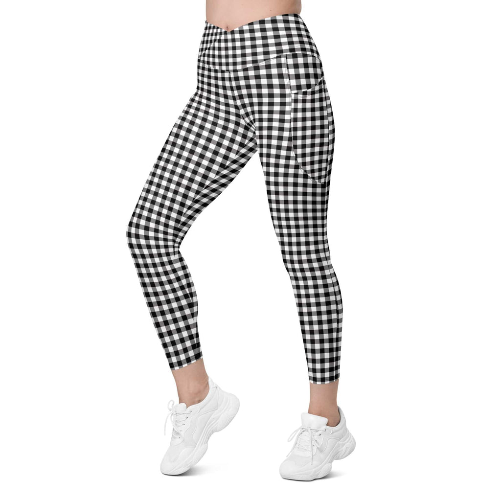Black & White Gingham Crossover Leggings With Pockets
