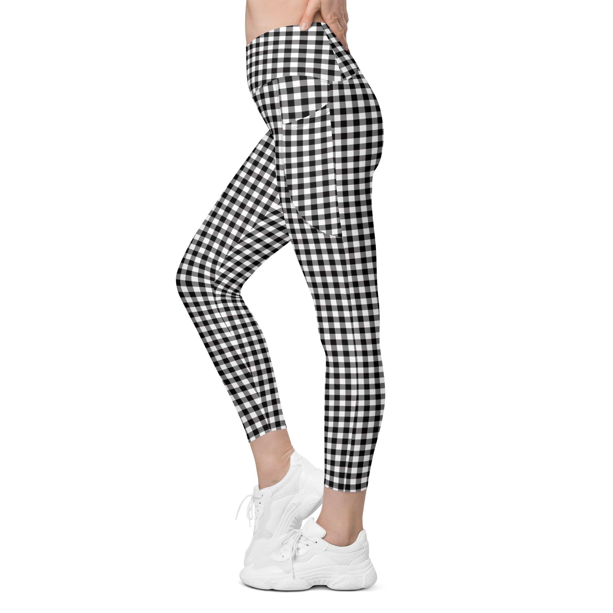 Black & White Gingham Crossover Leggings With Pockets