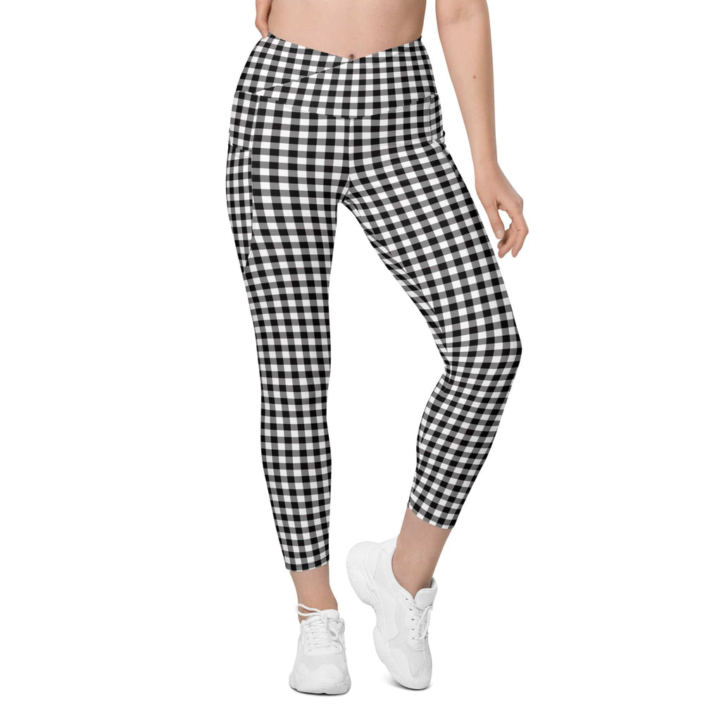 Black & White Gingham Crossover Leggings With Pockets