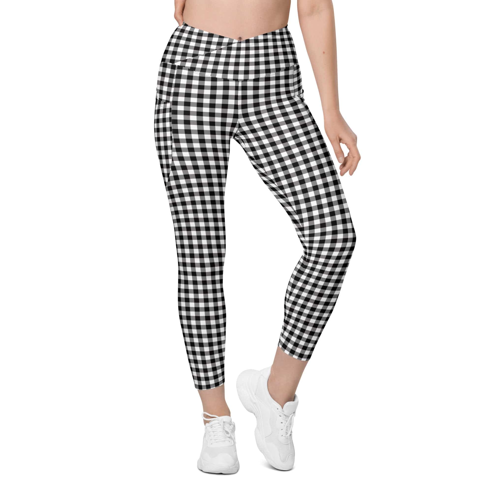 Black & White Gingham Crossover Leggings With Pockets
