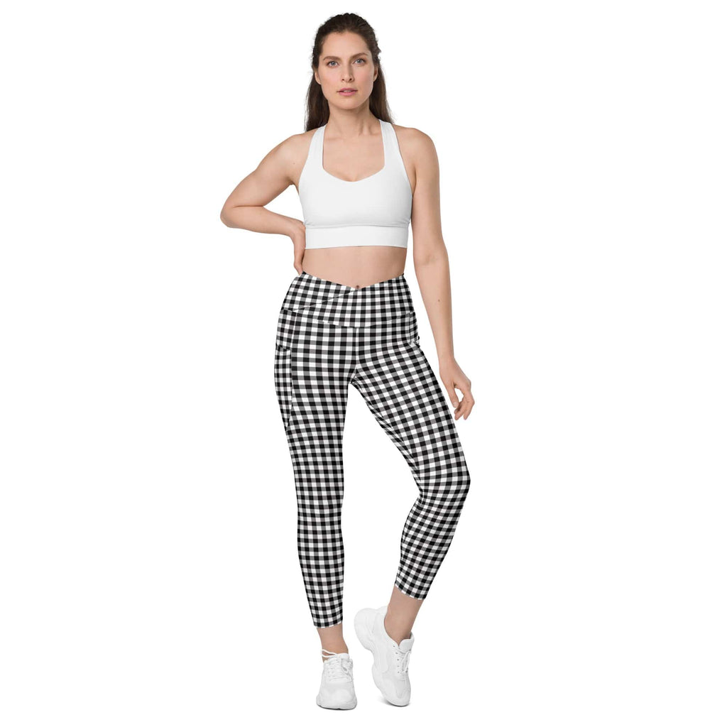 Black & White Gingham Crossover Leggings With Pockets