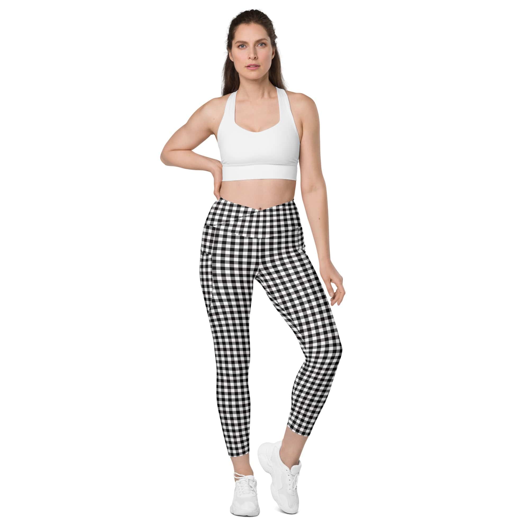 Black & White Gingham Crossover Leggings With Pockets