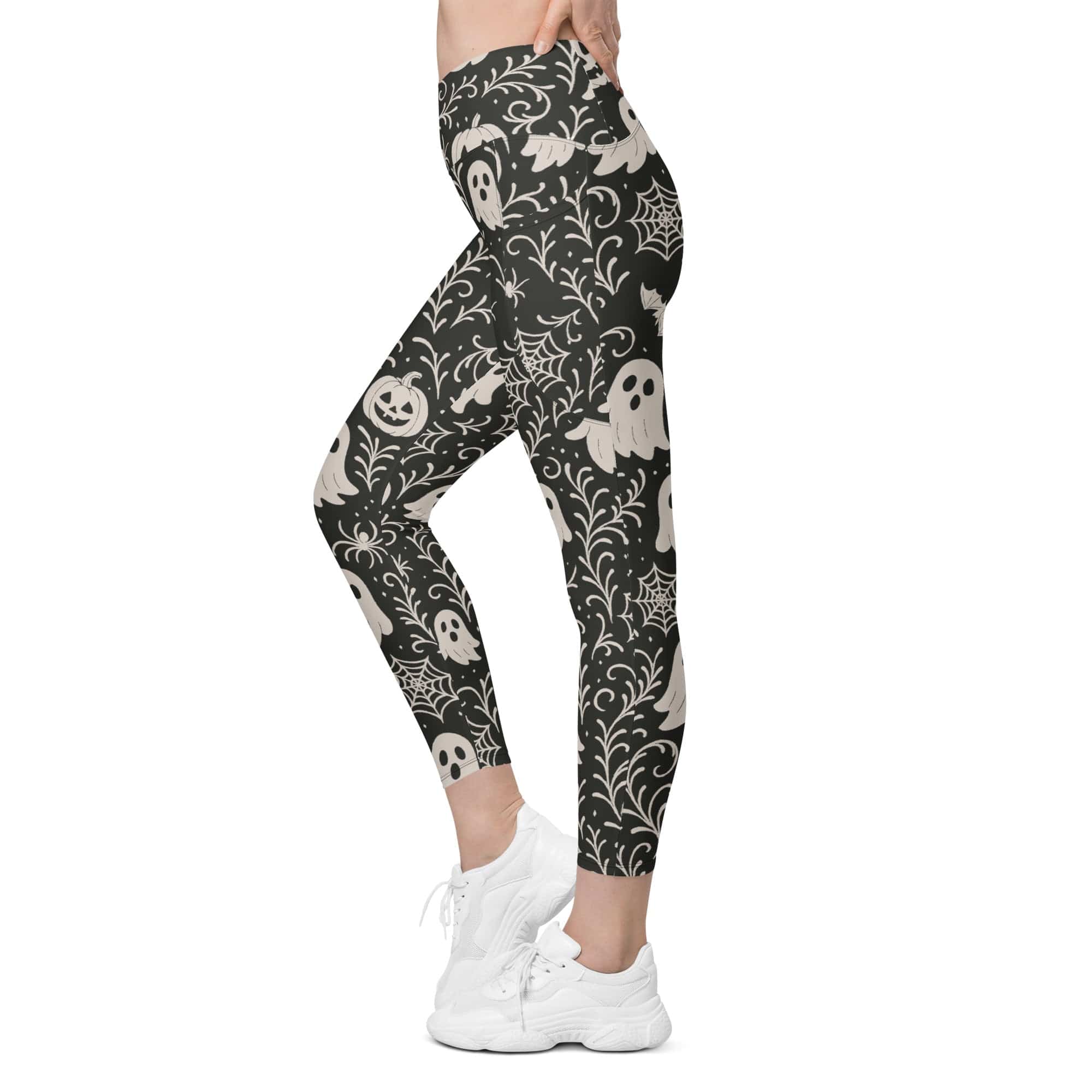 Black & White Halloween Crossover Leggings With Pockets
