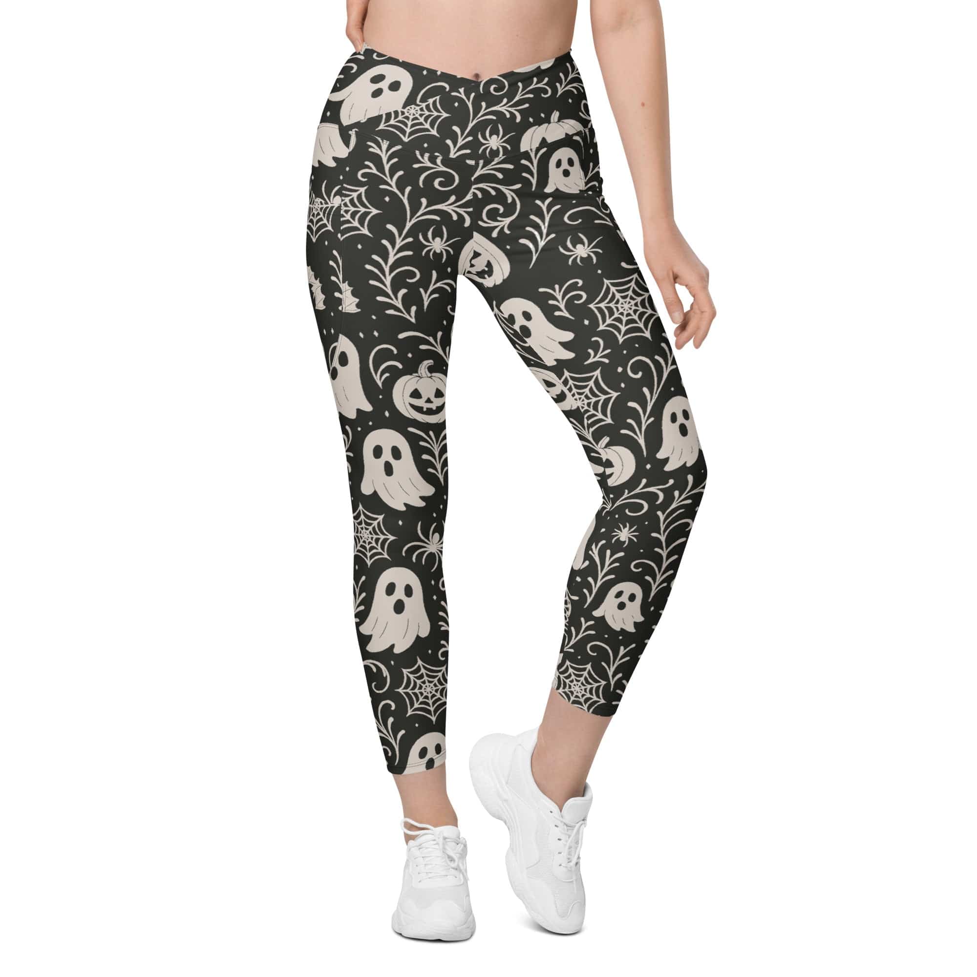 Black & White Halloween Crossover Leggings With Pockets