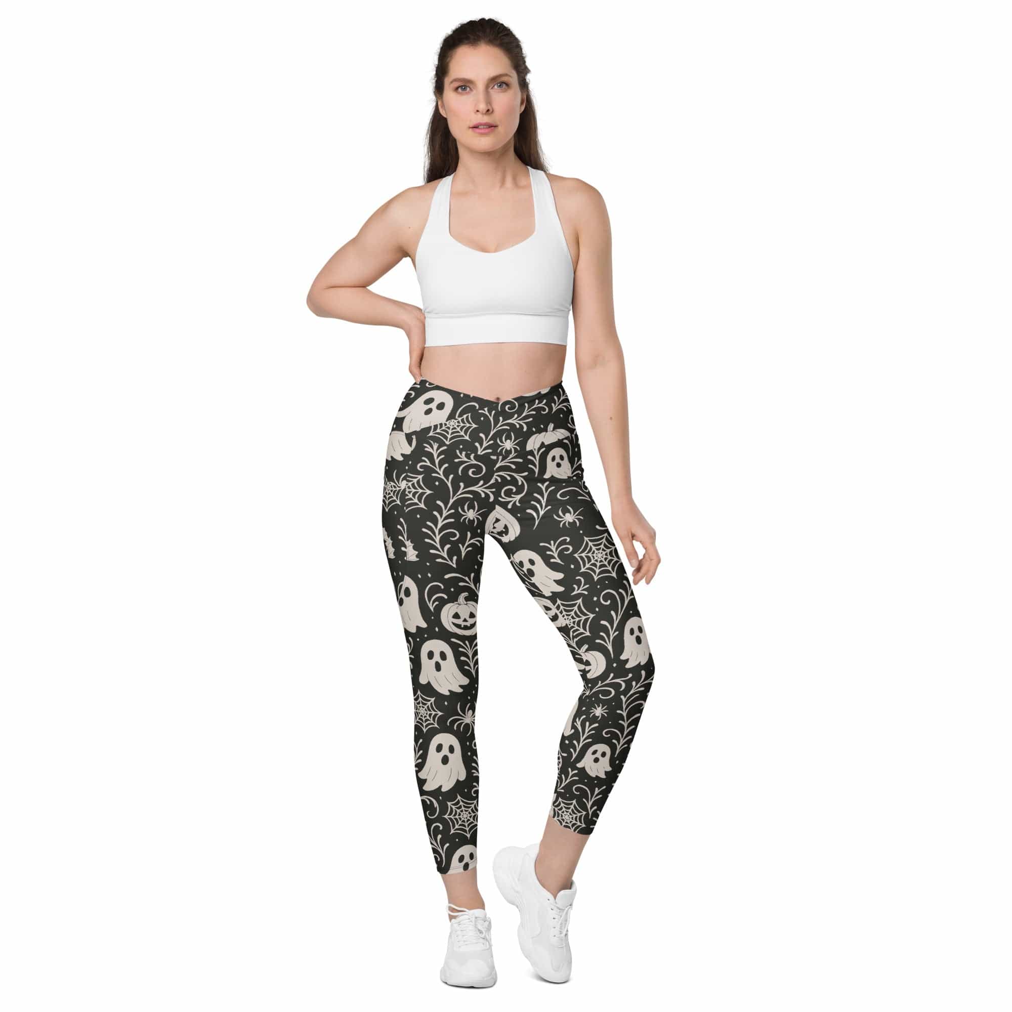 Black & White Halloween Crossover Leggings With Pockets