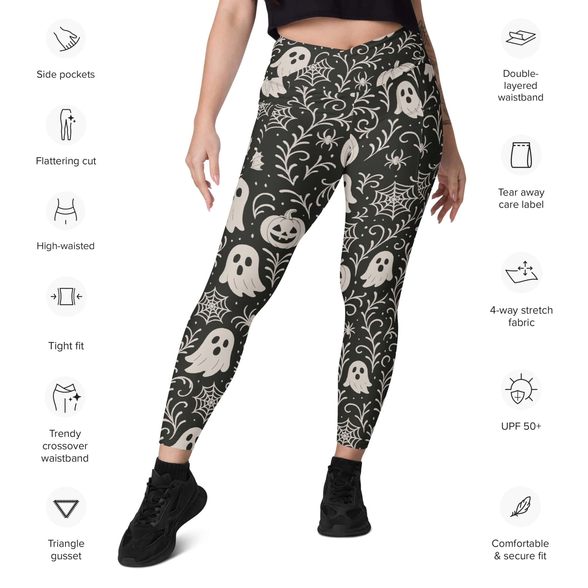 Black & White Halloween Crossover Leggings With Pockets