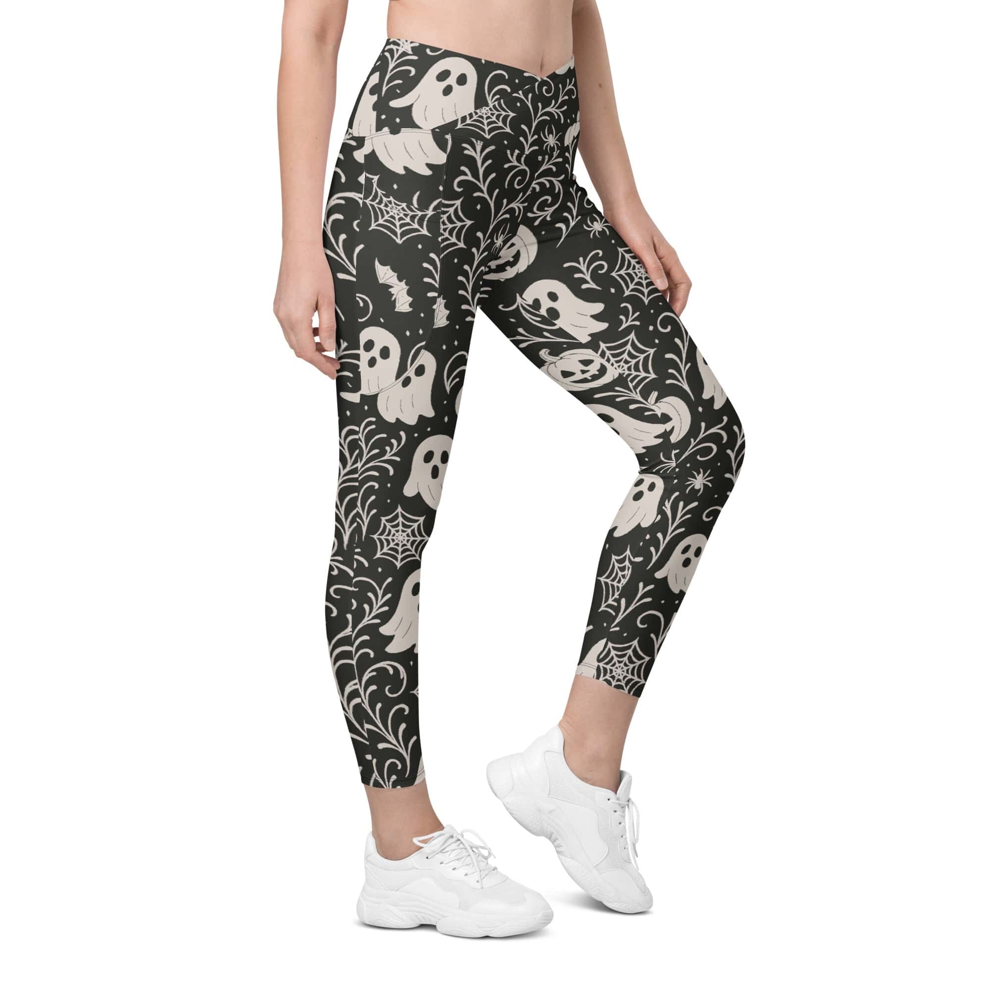 Black & White Halloween Crossover Leggings With Pockets