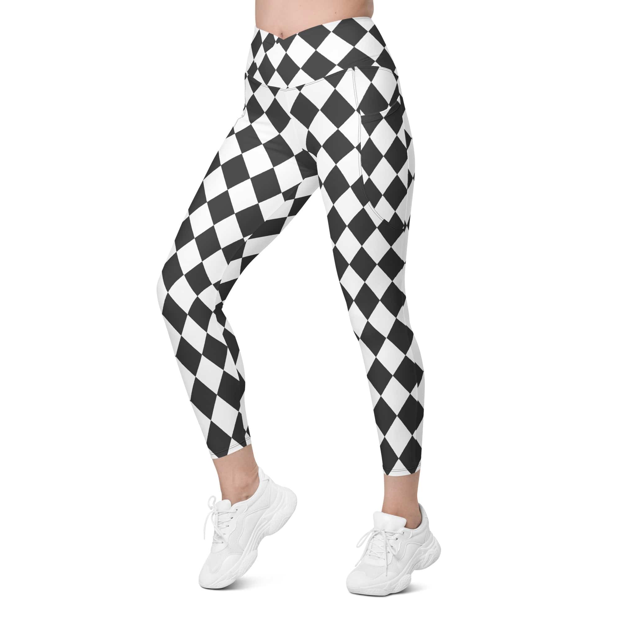 Black & White Harlequin Crossover Leggings With Pockets