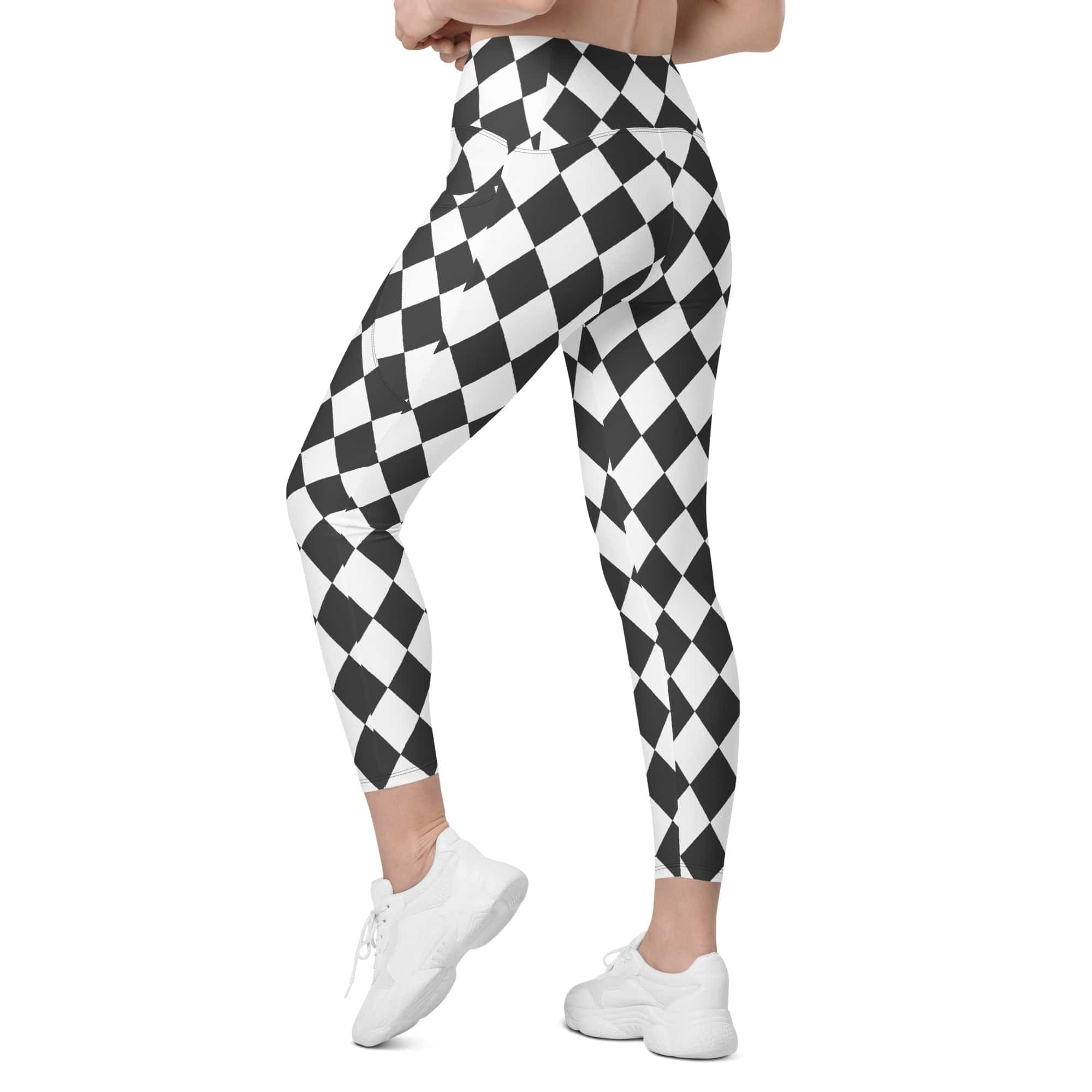 Black & White Harlequin Crossover Leggings With Pockets