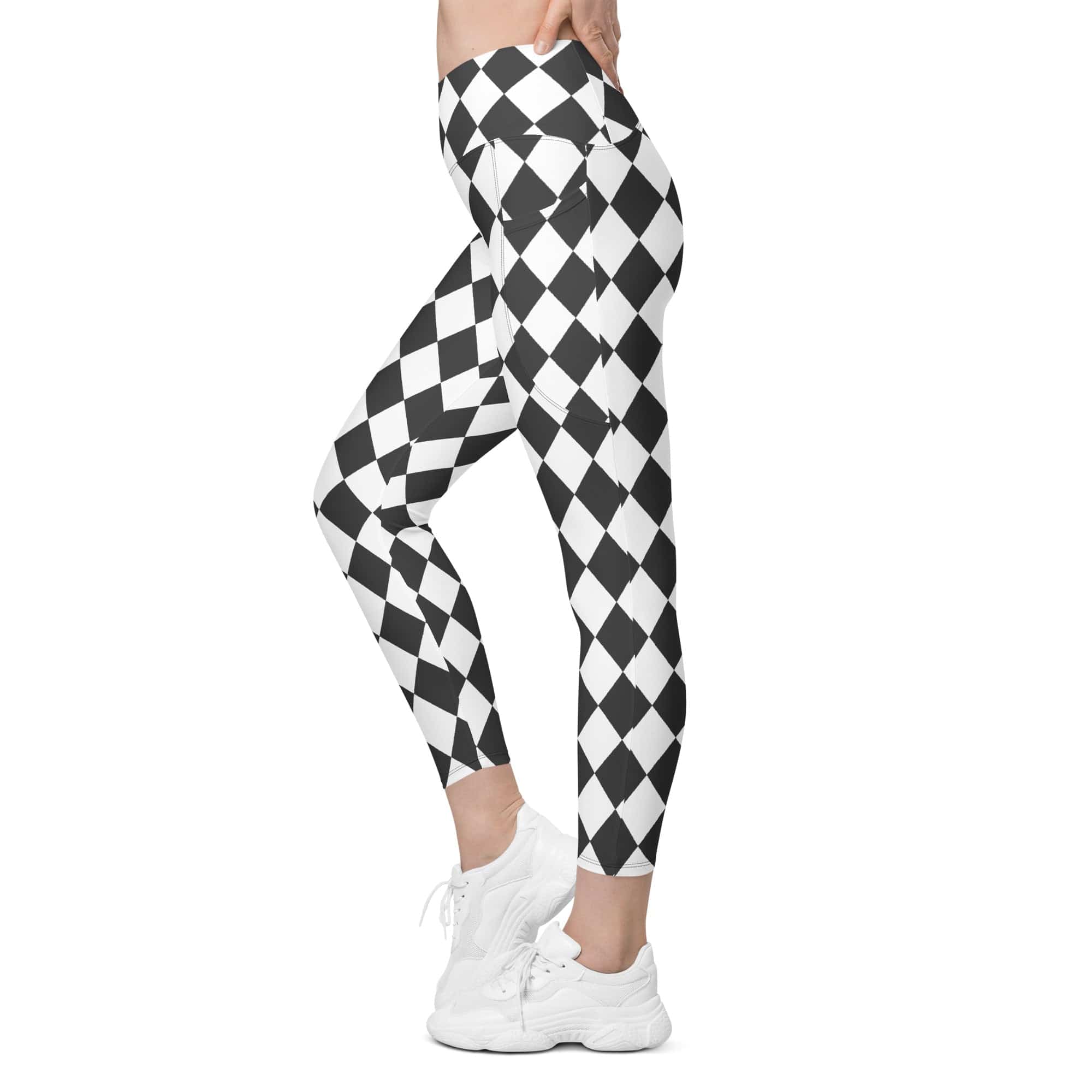 Black & White Harlequin Crossover Leggings With Pockets