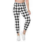 Black & White Harlequin Crossover Leggings With Pockets