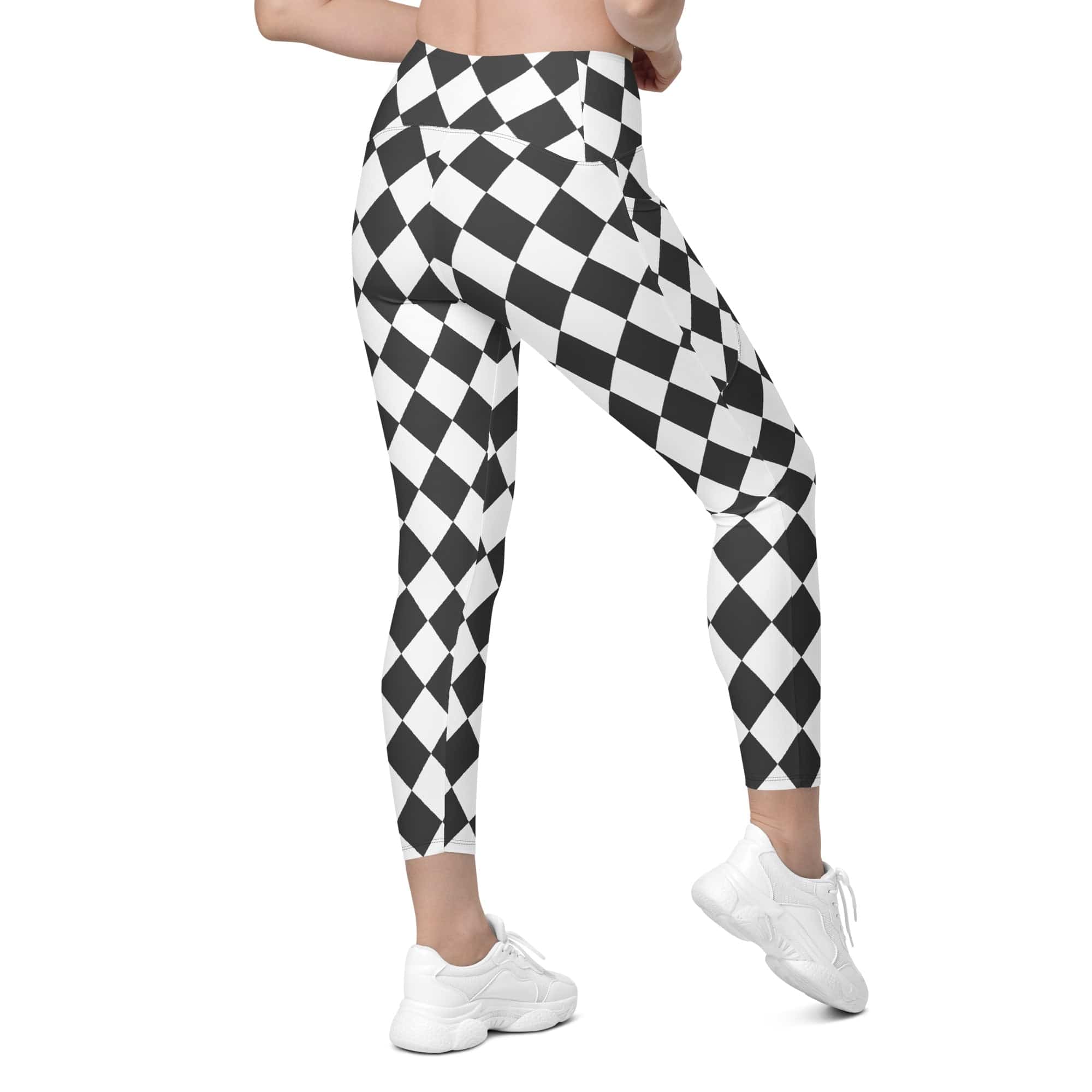 Black & White Harlequin Crossover Leggings With Pockets