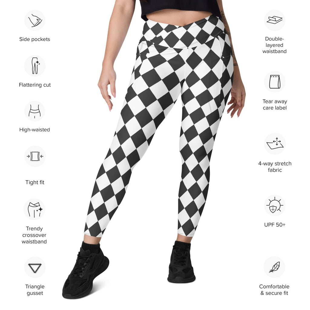 Black & White Harlequin Crossover Leggings With Pockets