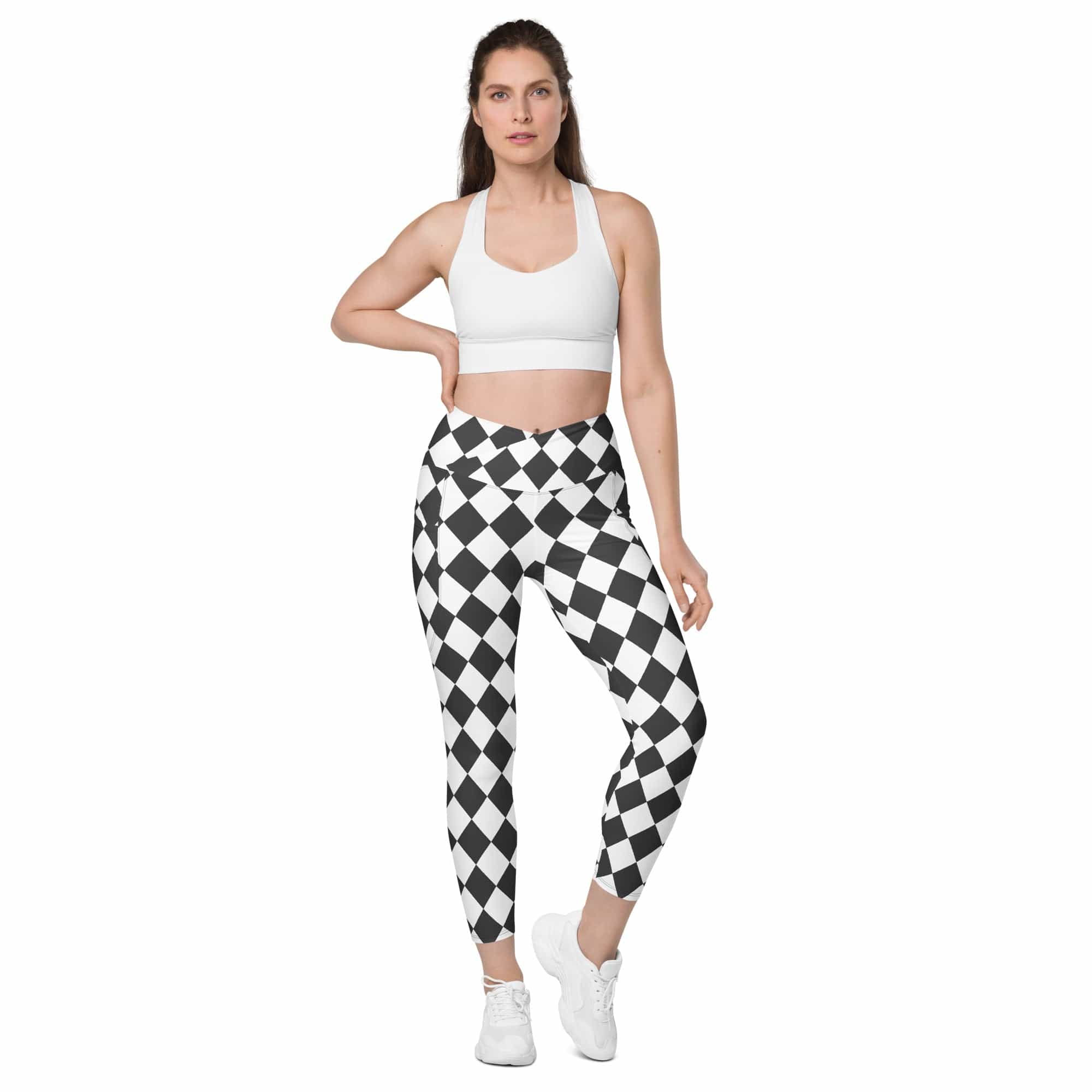 Black & White Harlequin Crossover Leggings With Pockets