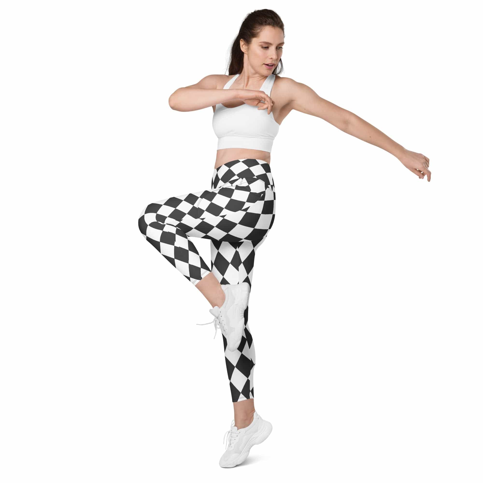 Black & White Harlequin Crossover Leggings With Pockets