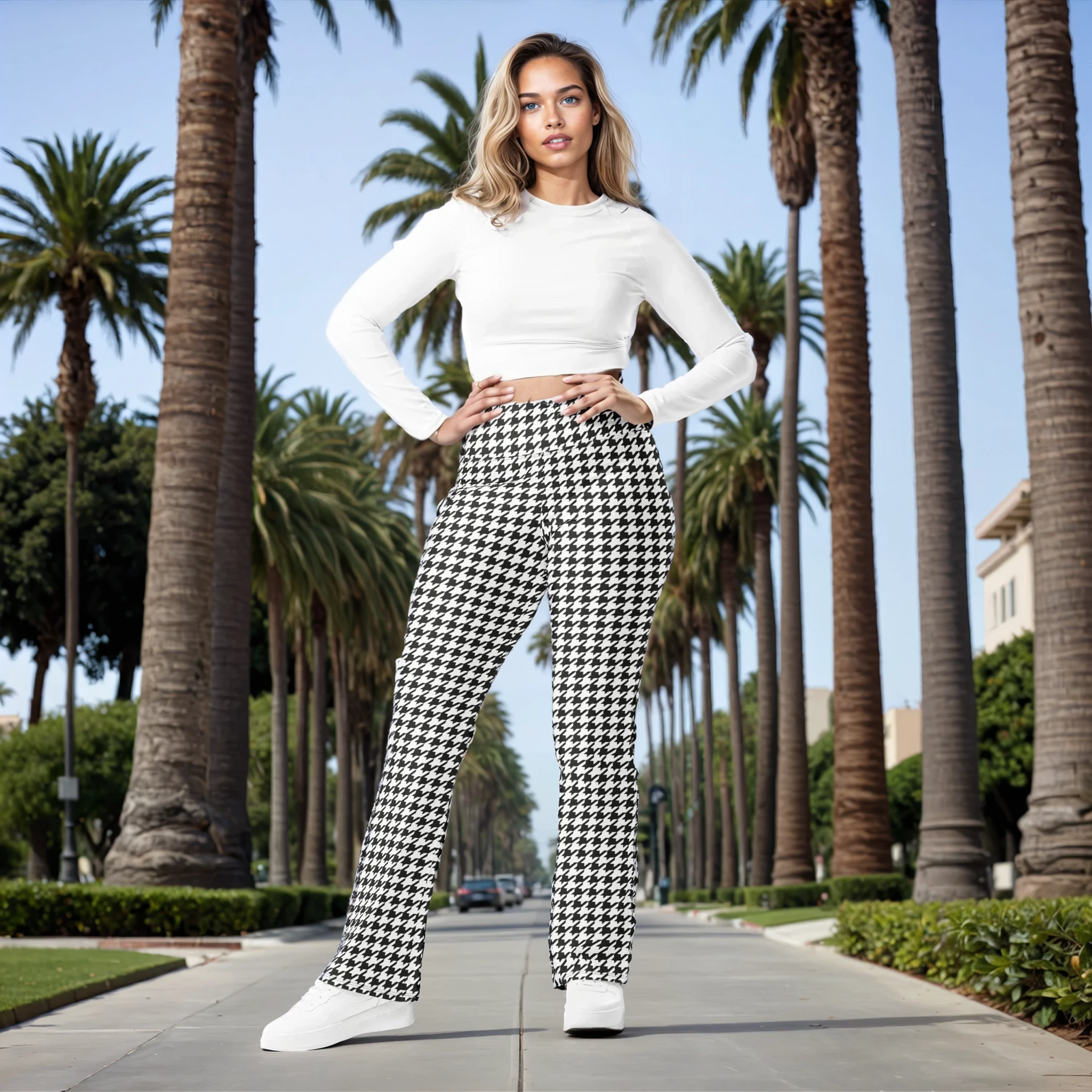 Black & White Houndstooth Print Flare Leggings