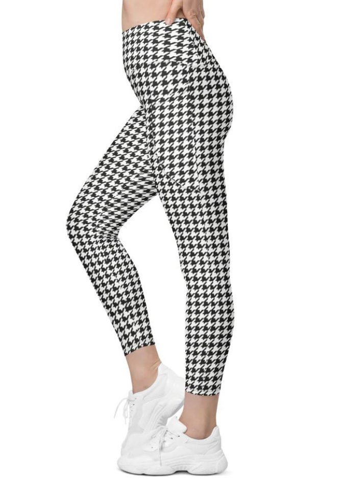 Black & White Houndstooth Print Leggings With Pockets