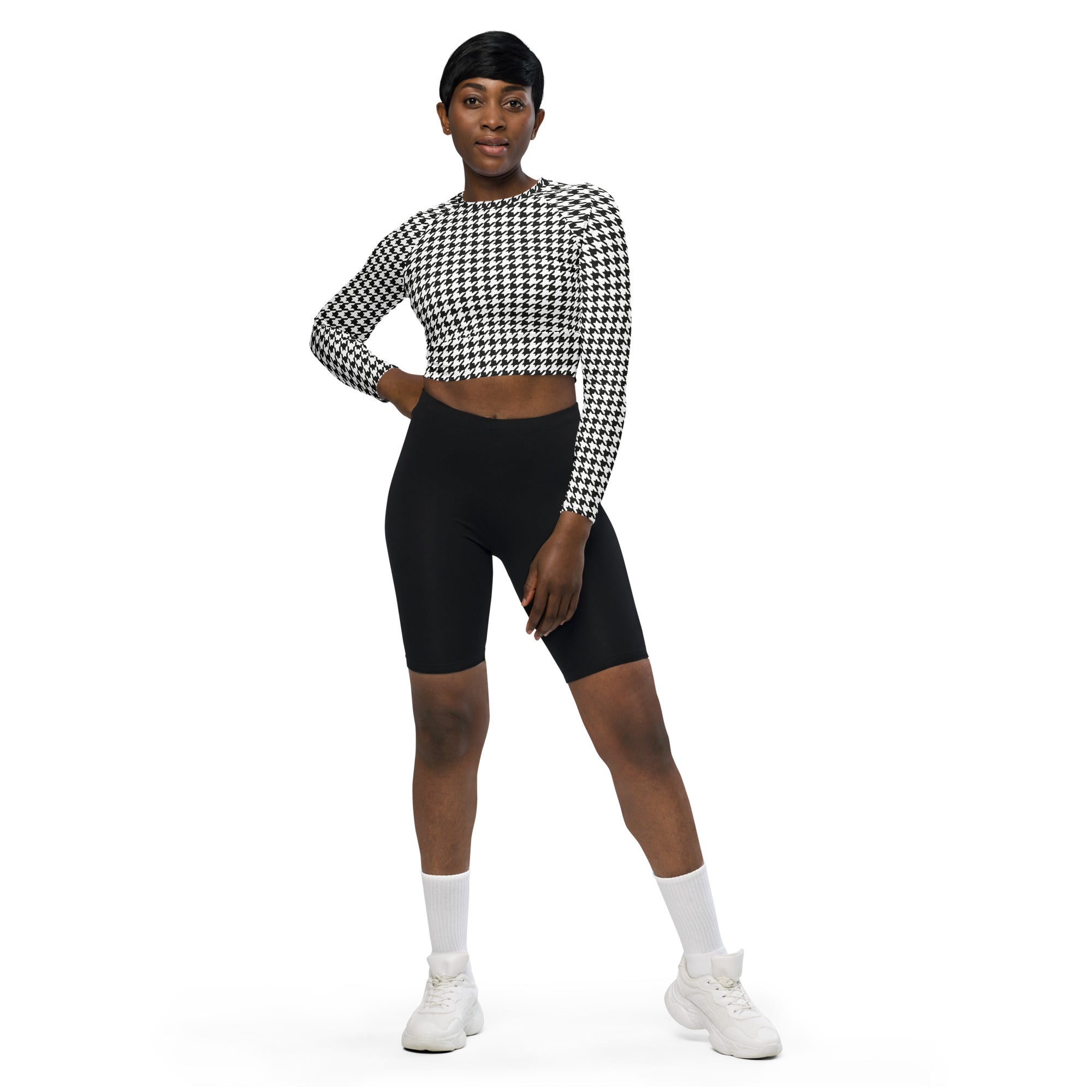 Black & White Houndstooth Print Recycled Long-sleeve Crop Top