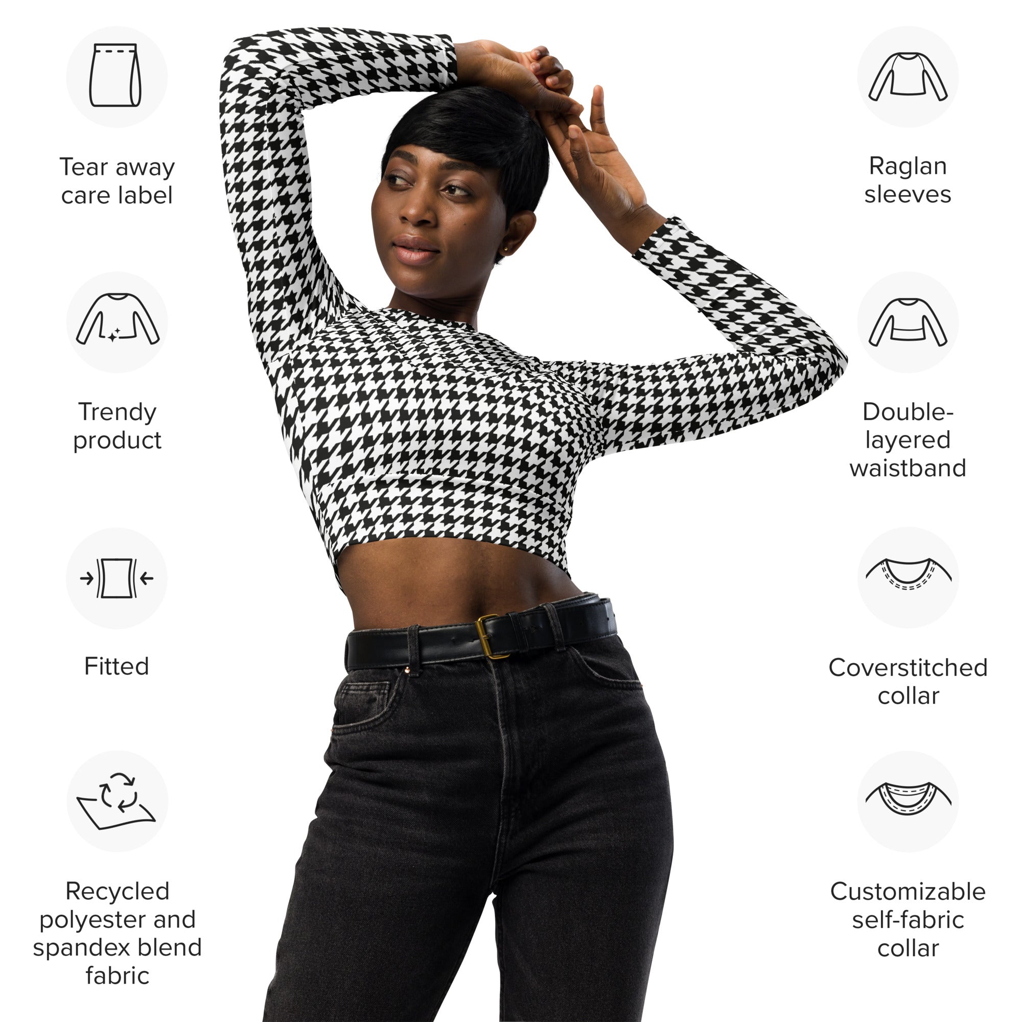 Black & White Houndstooth Print Recycled Long-sleeve Crop Top