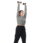 Black & White Houndstooth Print Recycled Long-sleeve Crop Top