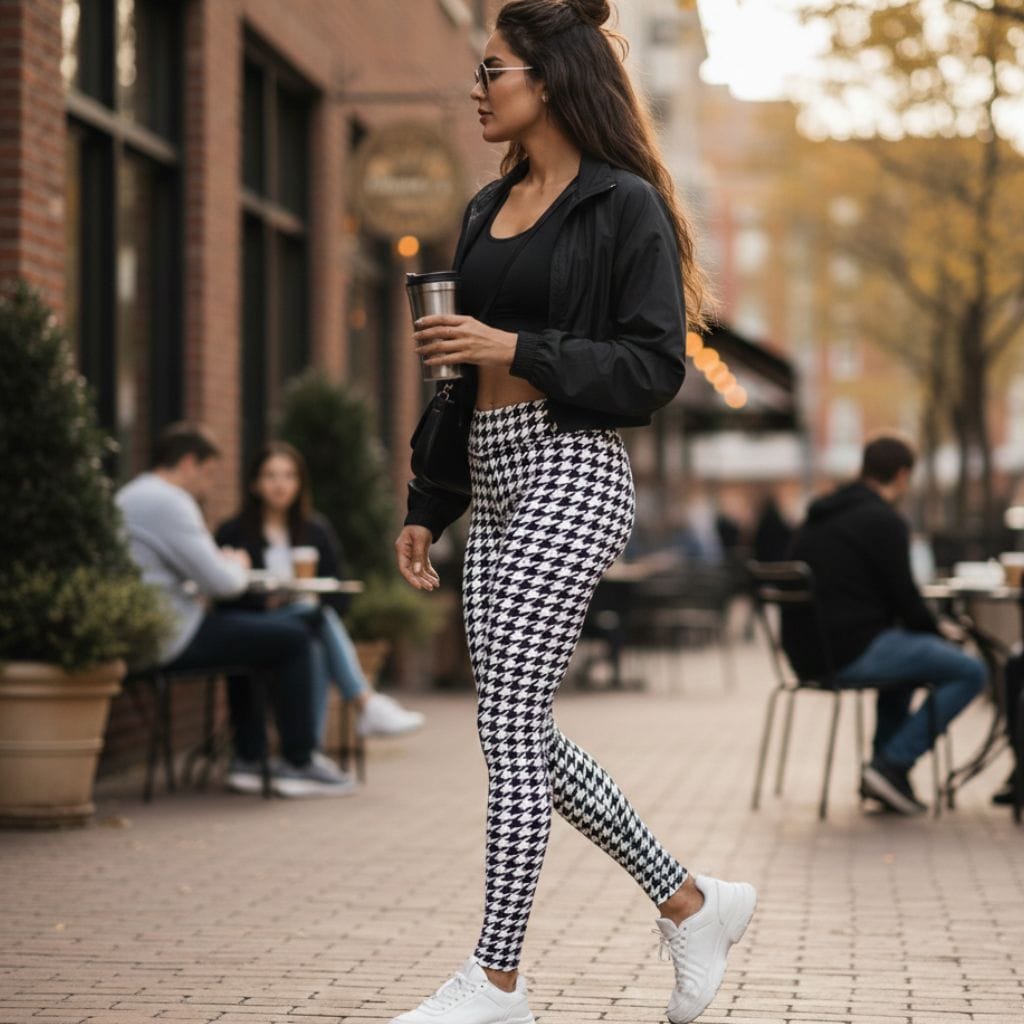 Black & White Houndstooth Print Yoga Leggings